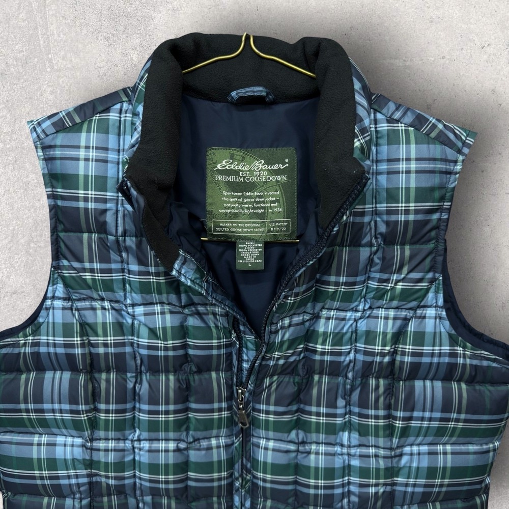 Eddie Bauer Premium Goose Down Puffer Vest Blue Green Plaid Womens Large L - Picture 2 of 8